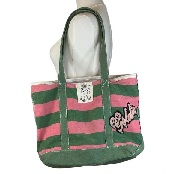Goldie Pink and Green Canvas  Striped Tote Made With Love - Picture 4 of 13